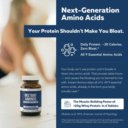 Instant Aminos Tablets - EAA+BCAA - 10 Essential Amino Acids Supplement - Rapid Absorption, No Digestion Required - Supports Lean Muscle, Recovery & Aging - 321% DIAAS Protein Score (1 month supply)