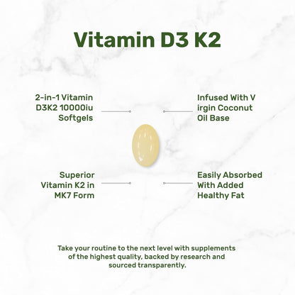 DEAL SUPPLEMENT Vitamin D3 10,000 IU + K2 MK7 200mcg Softgels, 250 Count | 2-in-1 Complex with Virgin Coconut Oil | Easy to Swallow