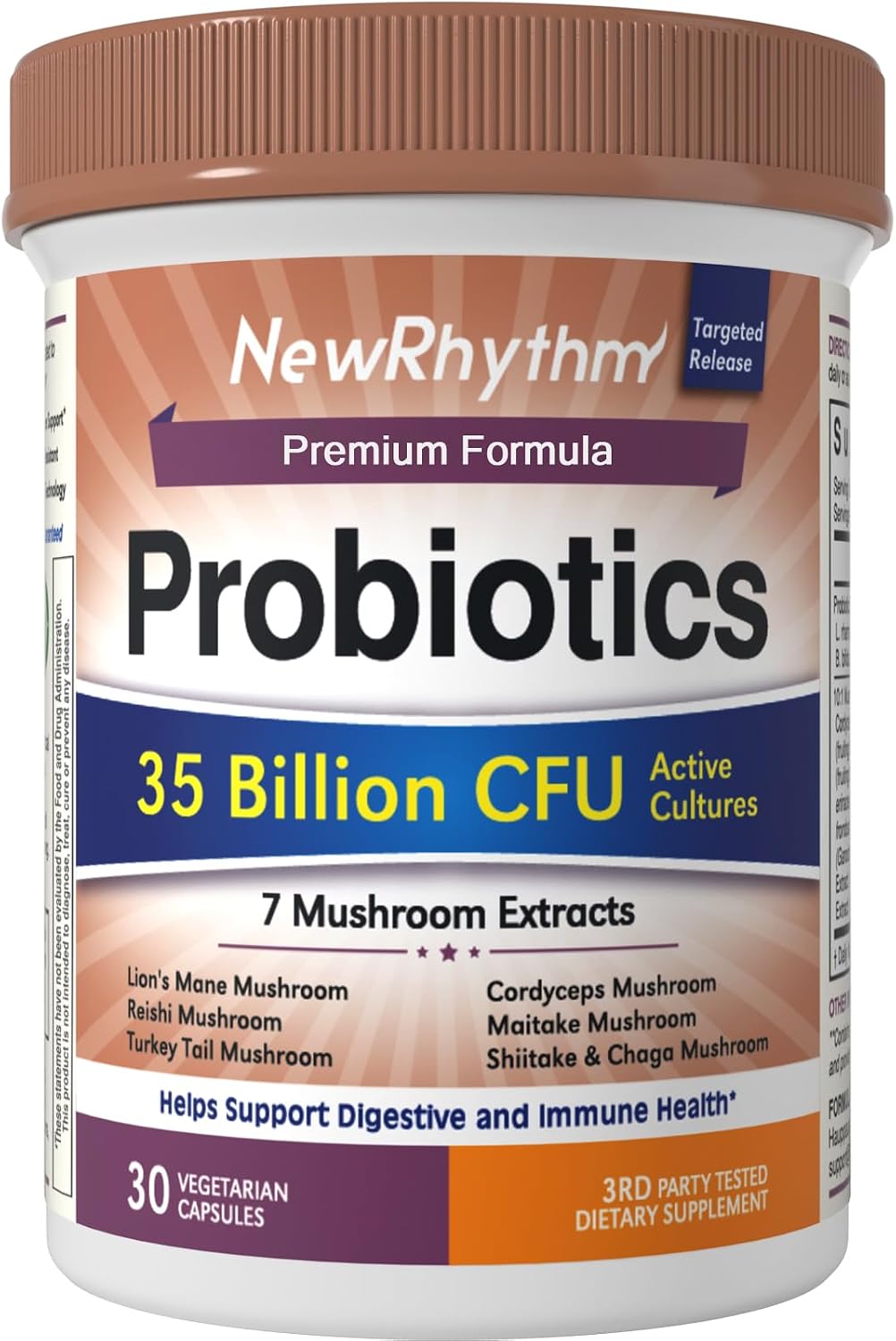 NewRhythm Probiotics 35 Billion CFU, Mushroom Probiotics Supplement for Women & Men, 7 Mushroom Extract, Turkey Tail, Reishi, Lion's Mane, Natural Prebiotics, Digestive & Immune, 30 Caps