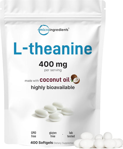 Micro Ingredients L-Theanine 400mg, 400 Softgels | Highly Bioavailable with Coconut Oil | Extra Strength Theanine Amino Acid | Calm & Relaxation Support + Focus Supplement | Non-GMO, Gluten Free