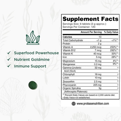 Probase Nutrition Organic Spirulina Supplement, 3000MG, 720 Tablets | 4 Month Supply, No Filler & Non-GMO, Rich in Vegan Protein, Vitamins & Prebiotics, Premium Spirulina Pills