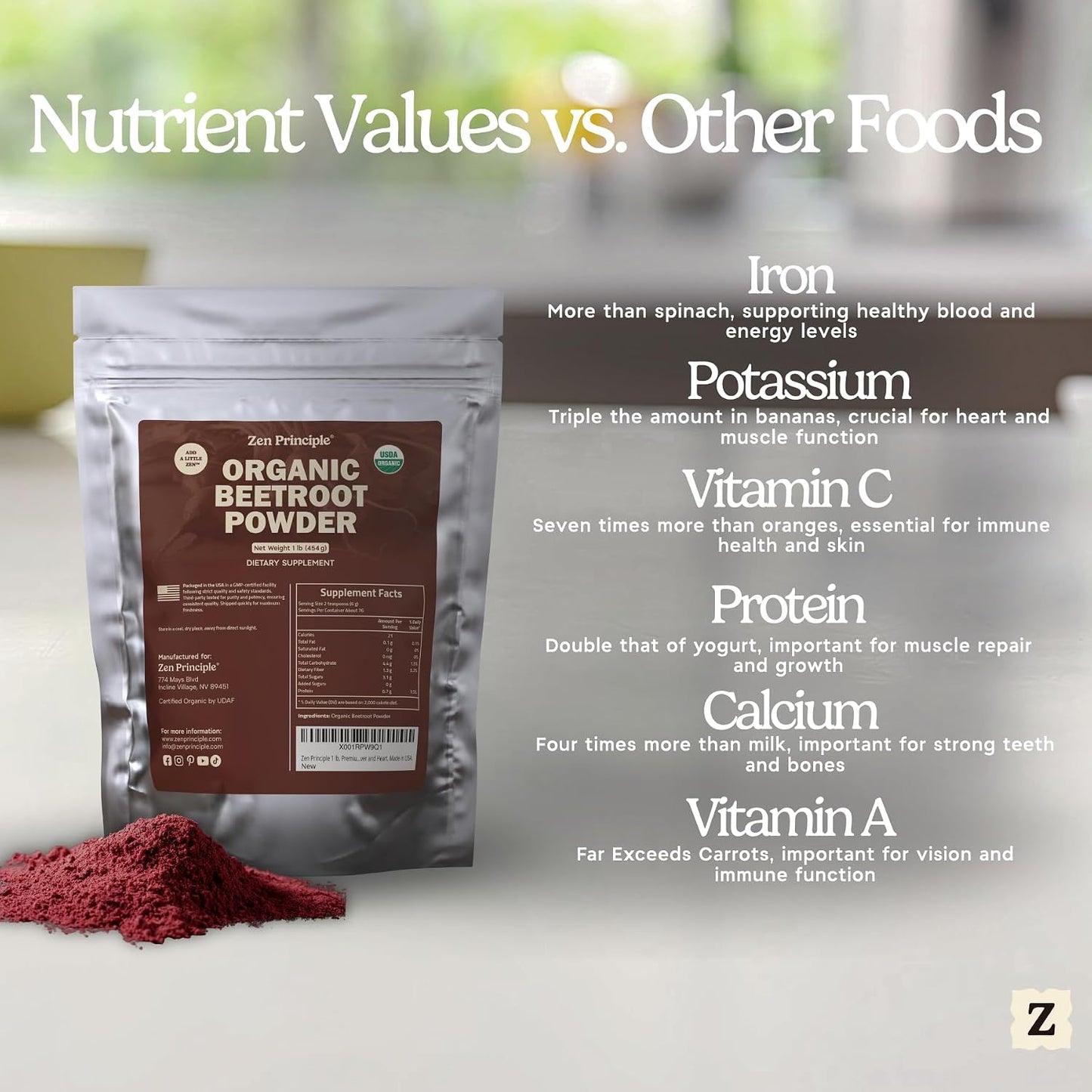 1 lb. Premium Organic Beetroot Powder. 100% USDA Certified. More Fiber and Less Sugar Than Beet Juice. All Natural Energy Boost, Supports Healthy Liver and Heart. Made in USA.