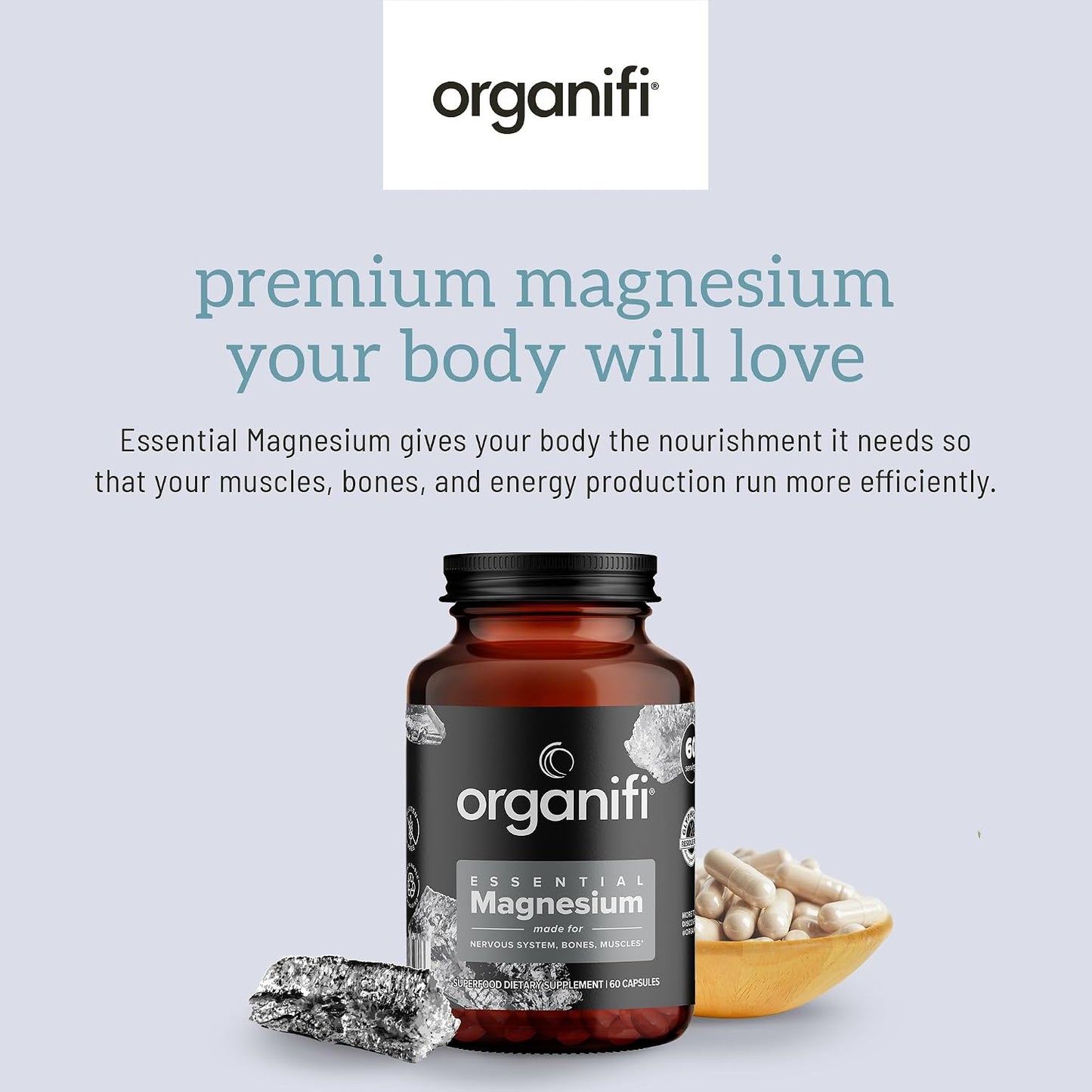 Organifi Essential Magnesium Glycinate Supplement for Bone Support and Muscle Health, 150mg, 60 Vegan Capsules