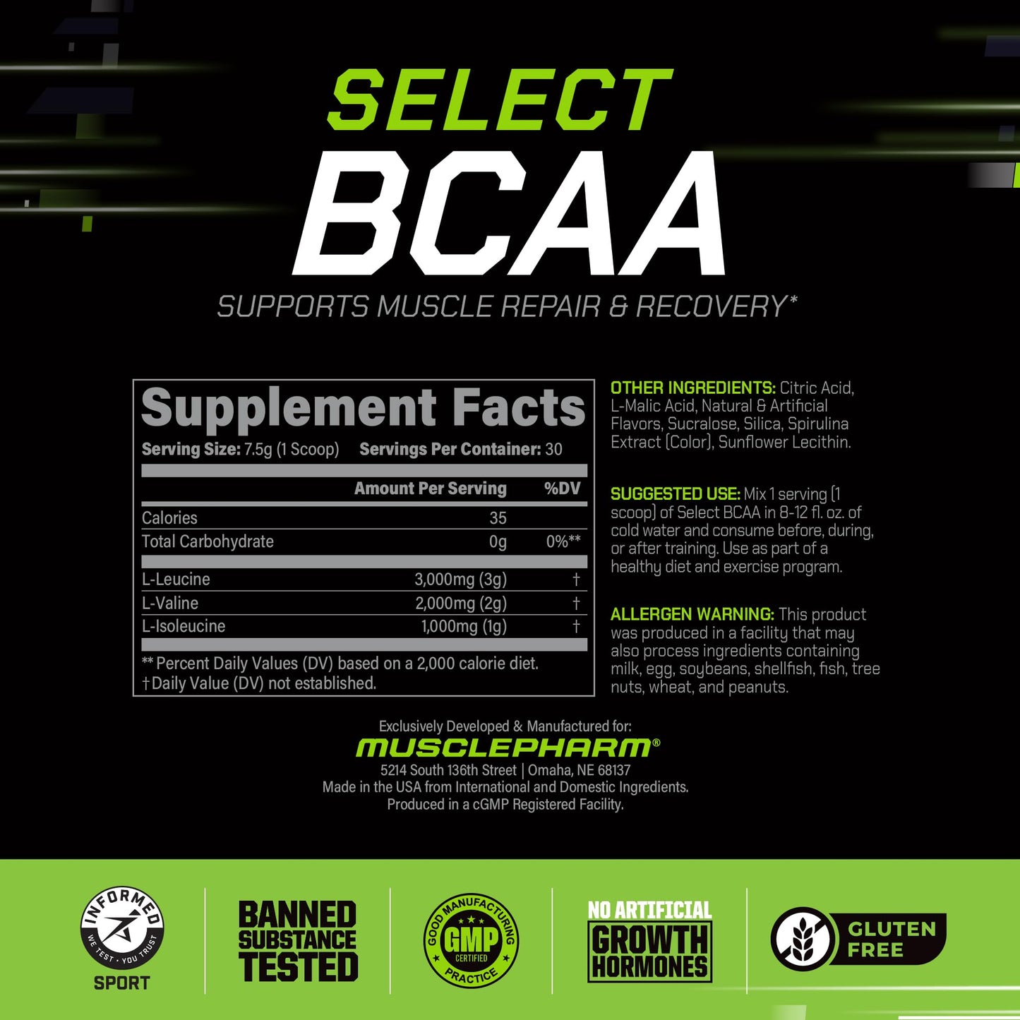 MusclePharm Essentials BCAA Powder, Pre & Post Workout Recovery Drink, Supports Muscle Recovery & Energy, Essential Amino Acids, 30 Serv, Fruit Punch
