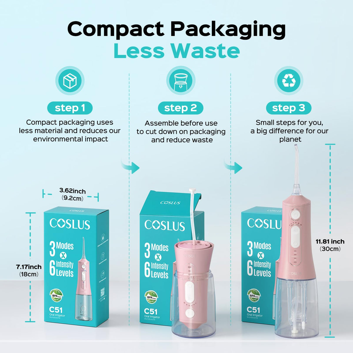 COSLUS ADA Accepted C51 Water Dental Flosser, 3 Modes 6 Pressure, White