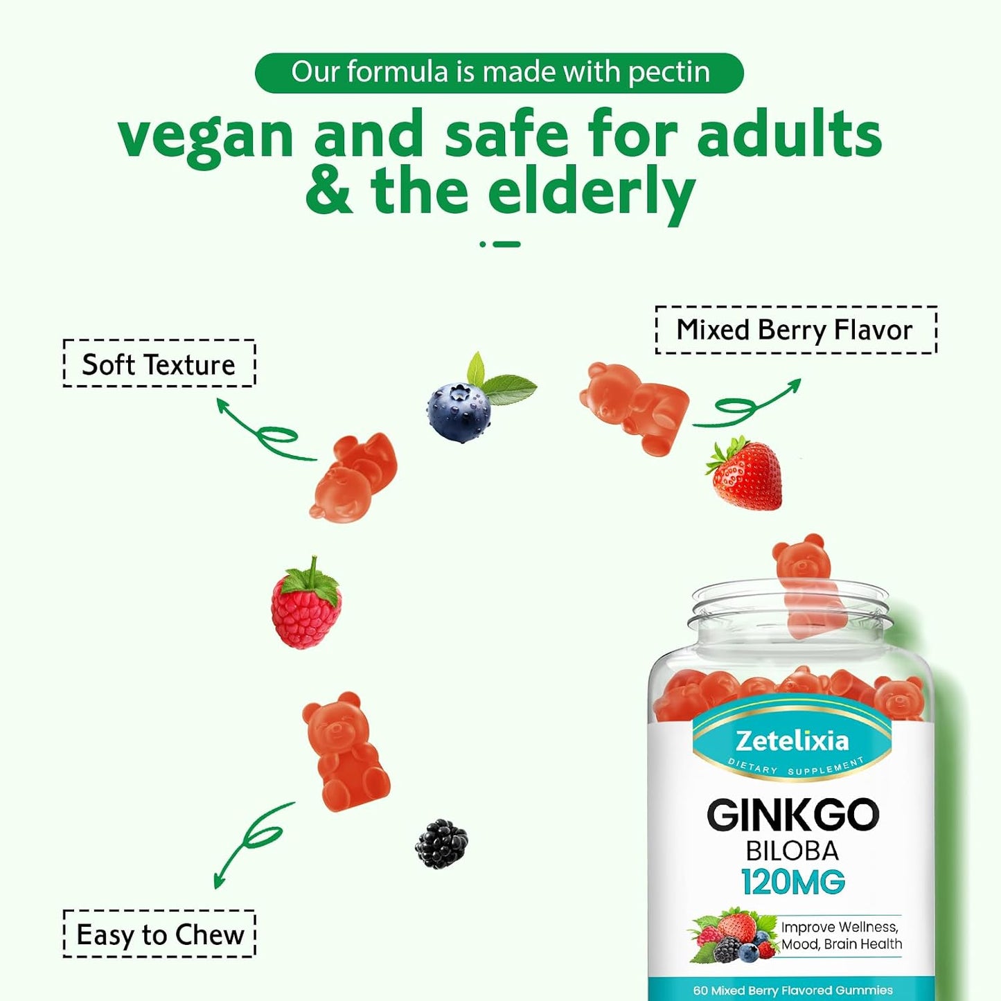 Ginkgo Biloba Gummies for Women and Men, Brain Supplement Improve Better Mood and Focus, Vegan Mixed Berry Flavor 60 Count