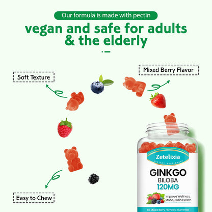 Ginkgo Biloba Gummies for Women and Men, Brain Supplement Improve Better Mood and Focus, Vegan Mixed Berry Flavor 60 Count