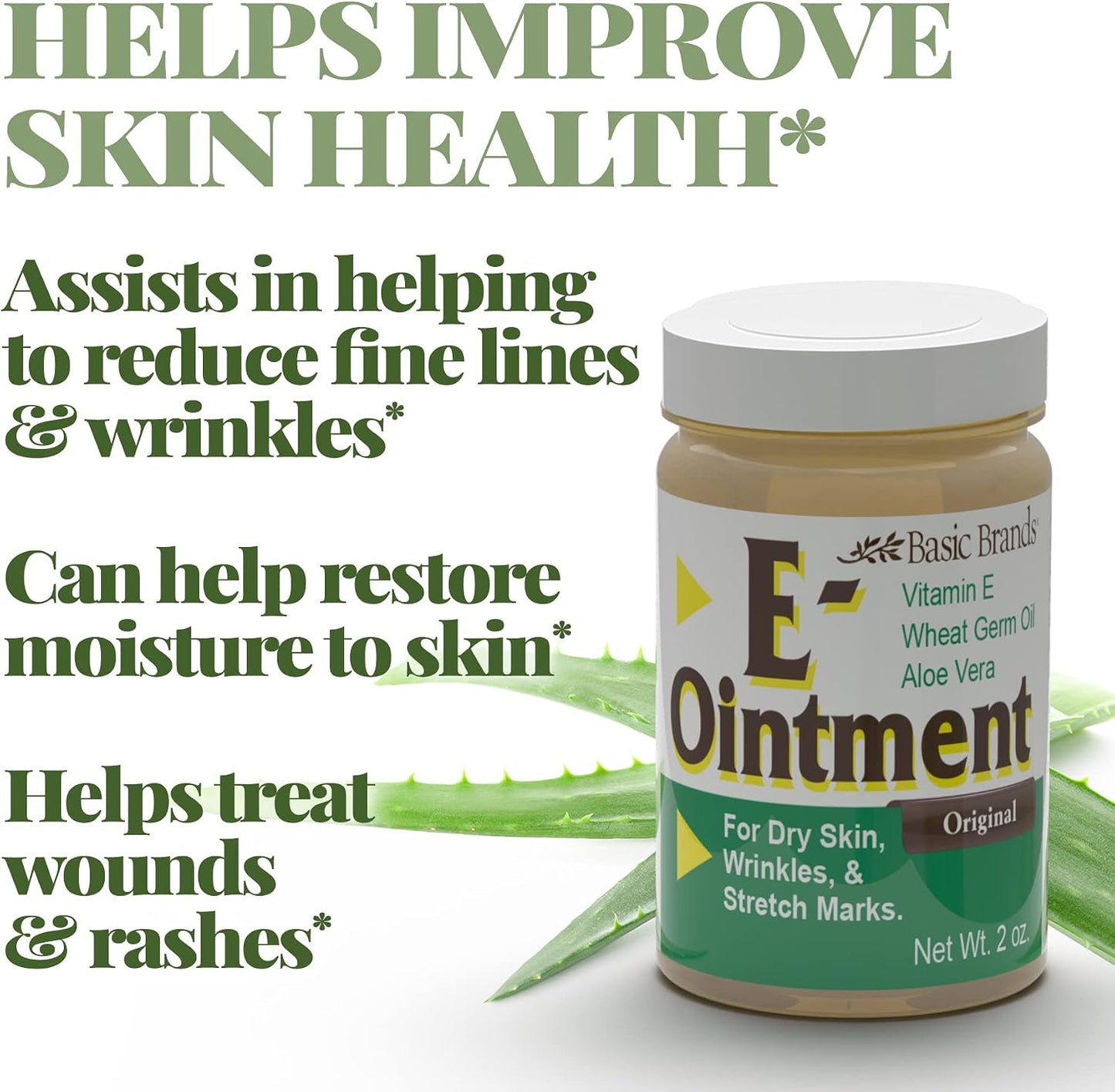 Basic Organics - Basic Brands - Vitamin E Ointment - 2 oz - Moisture Enhancing - Can Help Reduce Appearance of Scars, Stretch Marks, Fine Lines & Wrinkles - Pack of 3