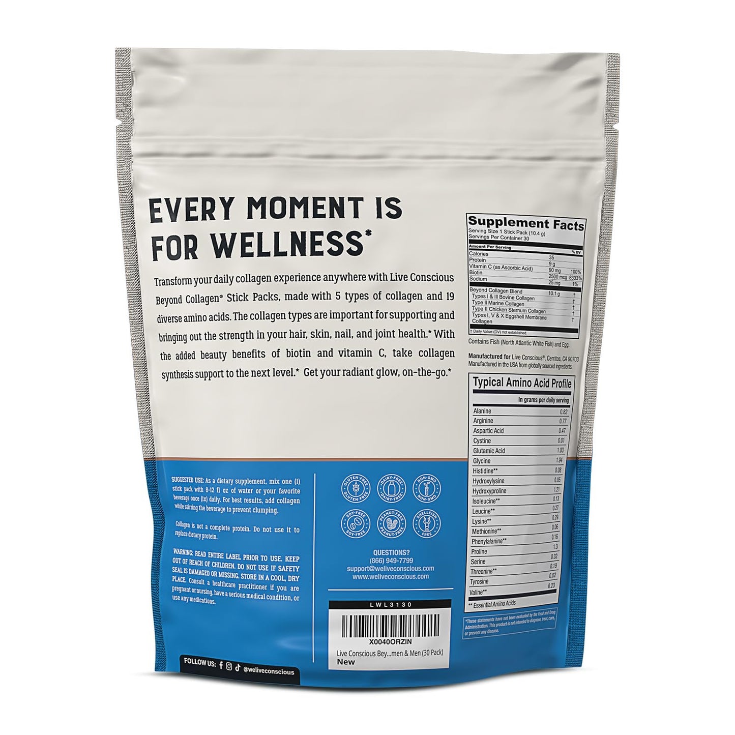 Live Conscious Collagen Peptides Powder - Naturally-Sourced Hydrolyzed Collagen Powder - Hair, Skin, Nail, and Joint Support - Type I & III Grass-Fed Collagen Supplements for Women and Men - 16oz