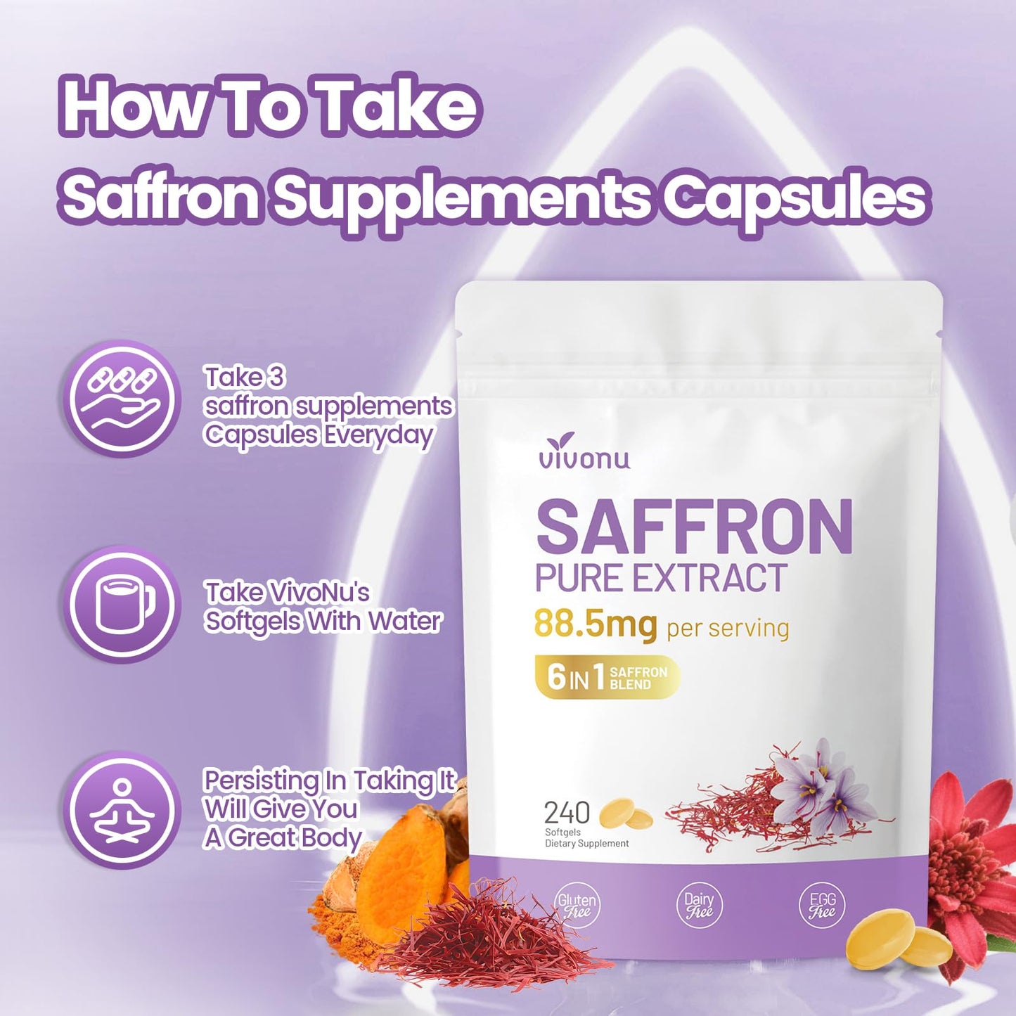 Saffron Supplements Softgels, Saffron Extract Capsules Supports Eyes Health, Energy, Mood, Immunity, Focus, Rich in Vitamin and Extracts of Saffron, Turmeric, Rosemary (240 Softgels / 1 Bag)