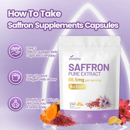 Saffron Supplements Softgels, Saffron Extract Capsules Supports Eyes Health, Energy, Mood, Immunity, Focus, Rich in Vitamin and Extracts of Saffron, Turmeric, Rosemary (240 Softgels / 1 Bag)