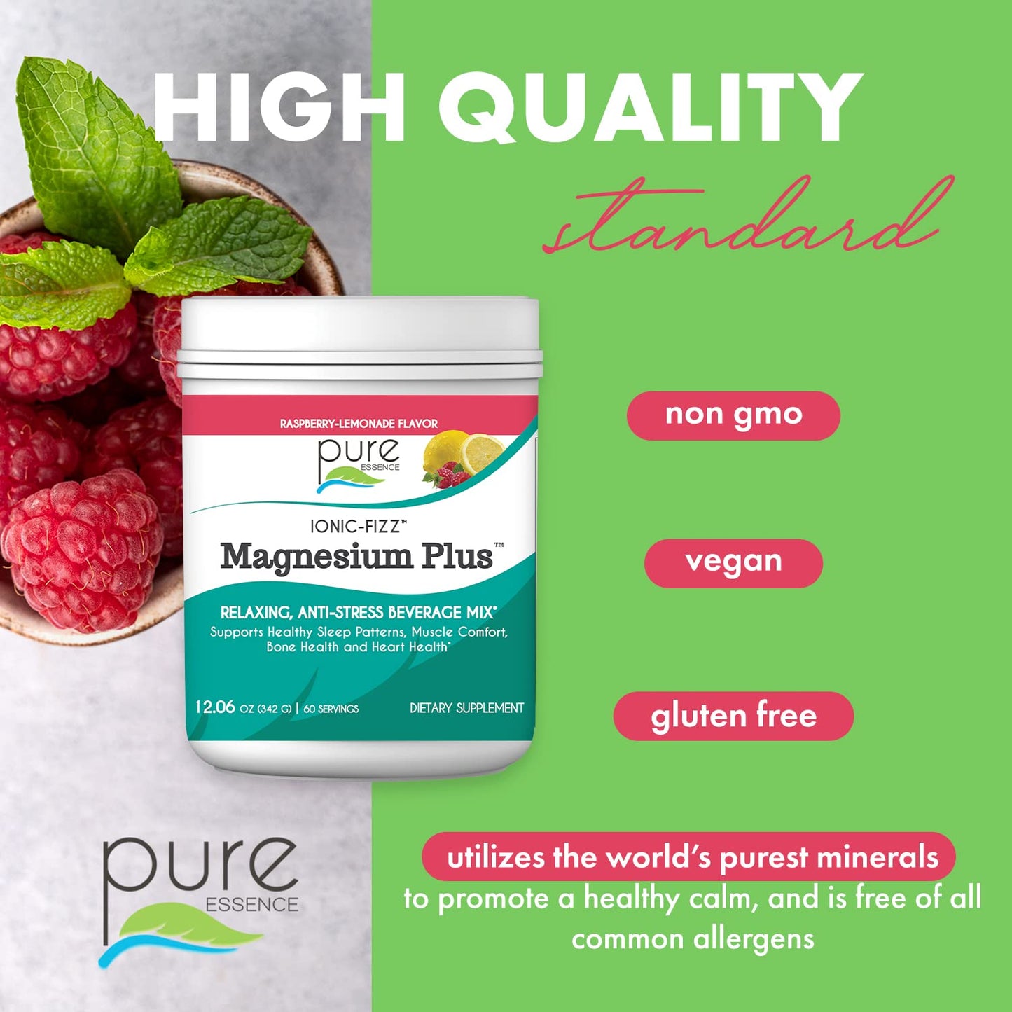 Pure Essence Labs Ionic Fizz Magnesium Plus, Anti-Stress Supplement Drink Powder, Gluten Free and Non-GMO Magnesium Powder, Raspberry Lemonade Flavor, 12.06 oz