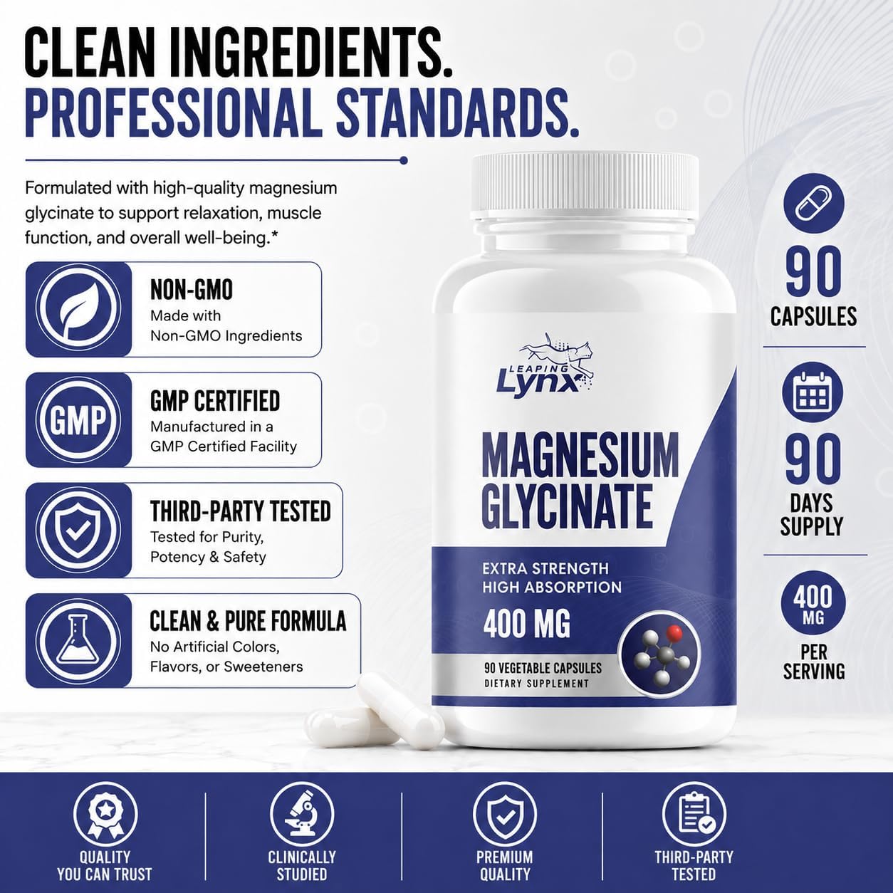 Magnesium Glycinate 400mg – High Absorption, Extra Strength Chelated Magnesium | 120 Capsules (60-Day Supply) | Calm, Muscle Recovery, Sleep & Bone Health | Non-GMO