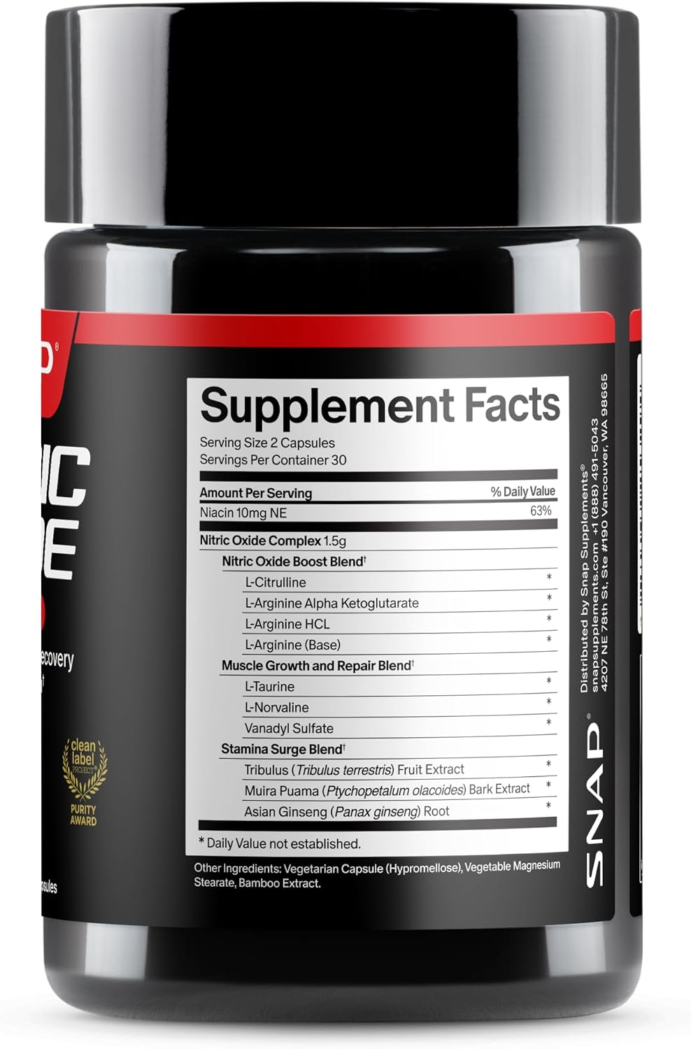 Snap Supplements Nitric Oxide Booster for Men & Women, 60 Vegan Capsules | Nitric Oxide Supplement, L-Citrulline + 3 Forms of L-Arginine for Stamina, Endurance & Circulation, Caffeine-Free Pre-Workout