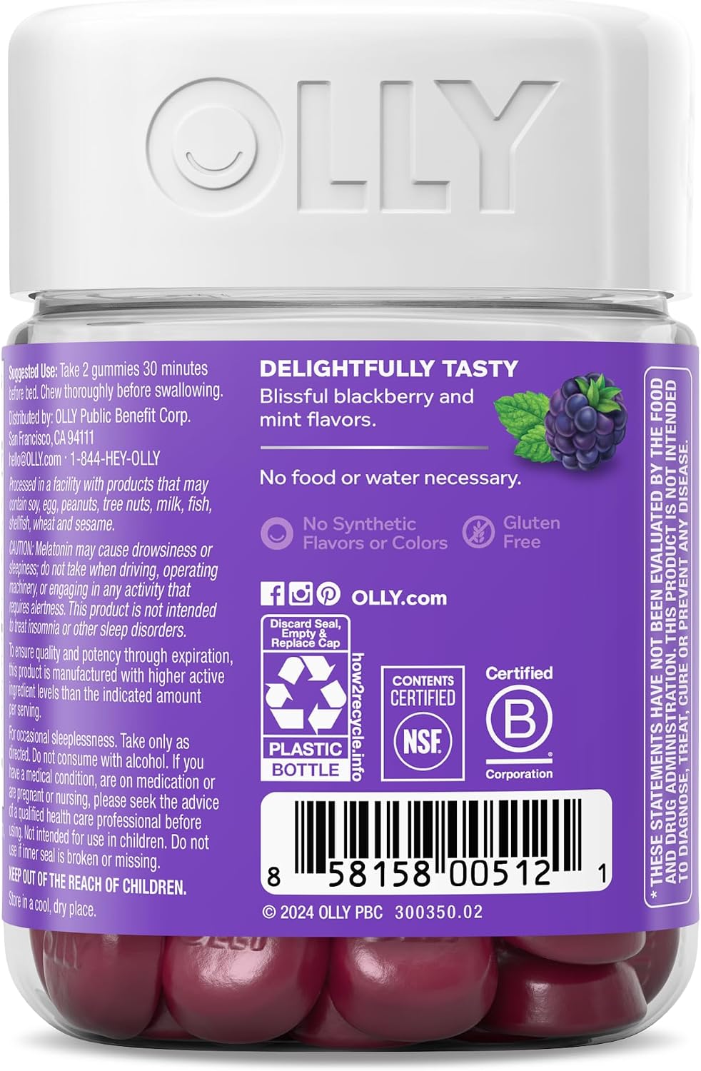 OLLY Sleep Support Gummy Supplement,* 3 mg Melatonin, L-Theanine - 50 Count