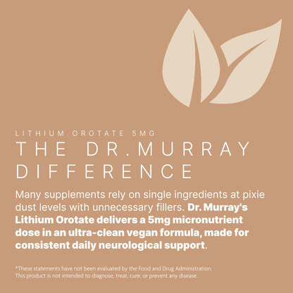 Dr. Murray's Ultra Clean Lithium Orotate 1mg Vegan Capsules - Supports Mood Balance | Cognitive Resilience | Nervous System Health | Emotional Well-Being | 90 Count