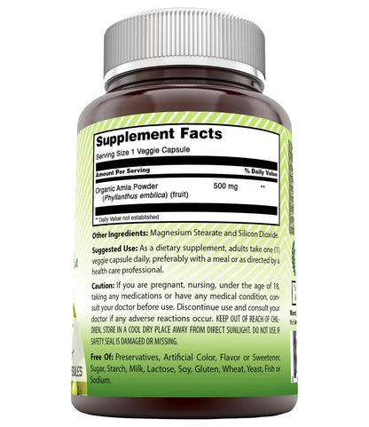 Amazing India Amla (Made with Natural Amla Fruit) 500 Mg 120 Veggie Capsules Supplement - Non-GMO, Gluten Free