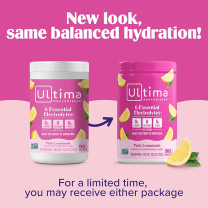 Ultima Replenisher Electrolyte Powder Drink Mix Bundle – Sugar Free – Pink Lemonade, 90 Serving Canister and 20 Stickpacks – 6 Electrolytes and Minerals – Keto Friendly, Vegan, Non-GMO