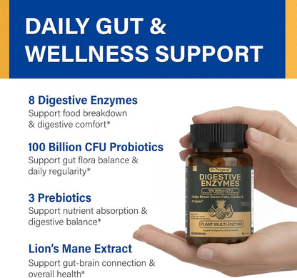 Digestive Enzymes Supplement with 100 Billion CFU Probiotic & Prebiotic | Multi-Enzyme Formula for Women & Men - Supports Digestive & Gut Health, Aids Protein, Carb & Dairy Digestion, 60 Caps