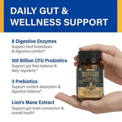 Digestive Enzymes Supplement with 100 Billion CFU Probiotic & Prebiotic | Multi-Enzyme Formula for Women & Men - Supports Digestive & Gut Health, Aids Protein, Carb & Dairy Digestion, 60 Caps