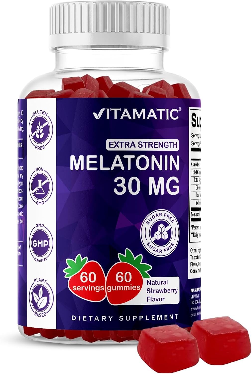 Vitamatic Extra Strength Melatonin 30 mg, 60 Gummies | Natural Strawberry Flavor, Non-Habit Forming, Non-GMO, Gluten Free, Sugar Free, Pectin Based