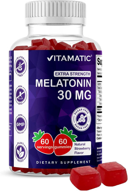 Vitamatic Extra Strength Melatonin 30 mg, 60 Gummies | Natural Strawberry Flavor, Non-Habit Forming, Non-GMO, Gluten Free, Sugar Free, Pectin Based