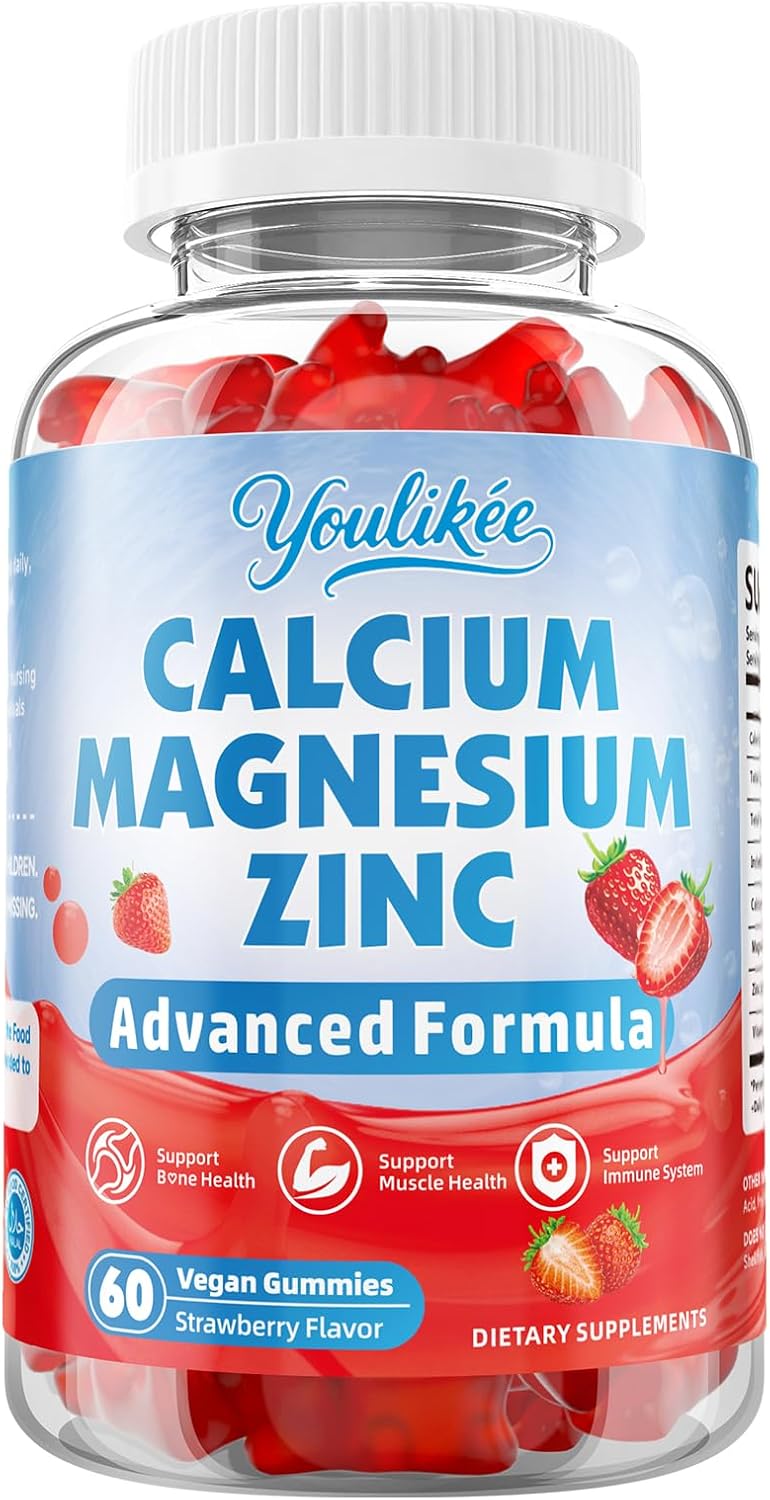 Calcium Magnesium Zinc Gummies for Adult, Calcium Citrate with Vitamin D3 | High Absorption Calcium Magnesium Supplement for Women & Men, Sugar-Free, Strawberry Flavor, 60 Count