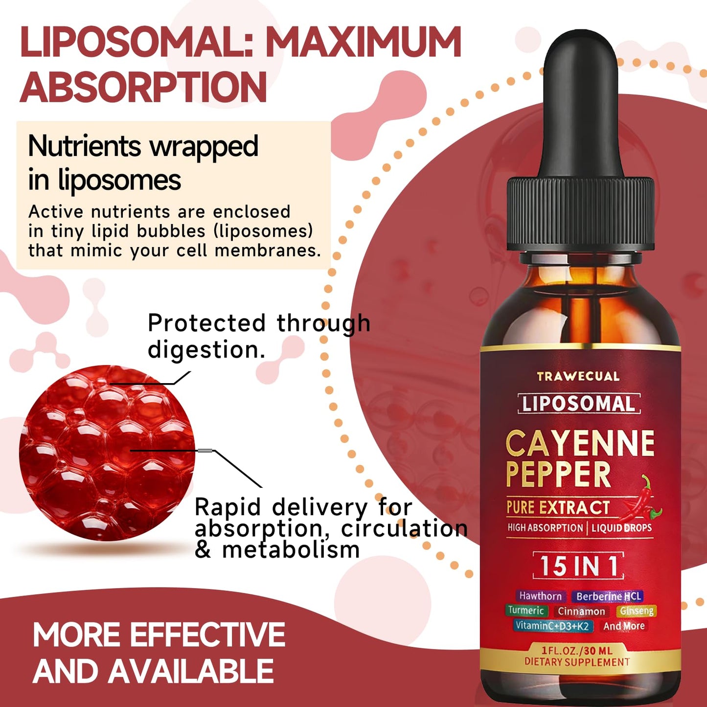 15 in1 Liposomal Cayenne Pepper Liquid Drops Supplement, with Vitamin D3 K2, Hawthorn, Berberine HCL, Beet Root, Turmeric, Cinnamon, Digestion, Circulatory Heath Support- 2 Fl Oz for 30 Days