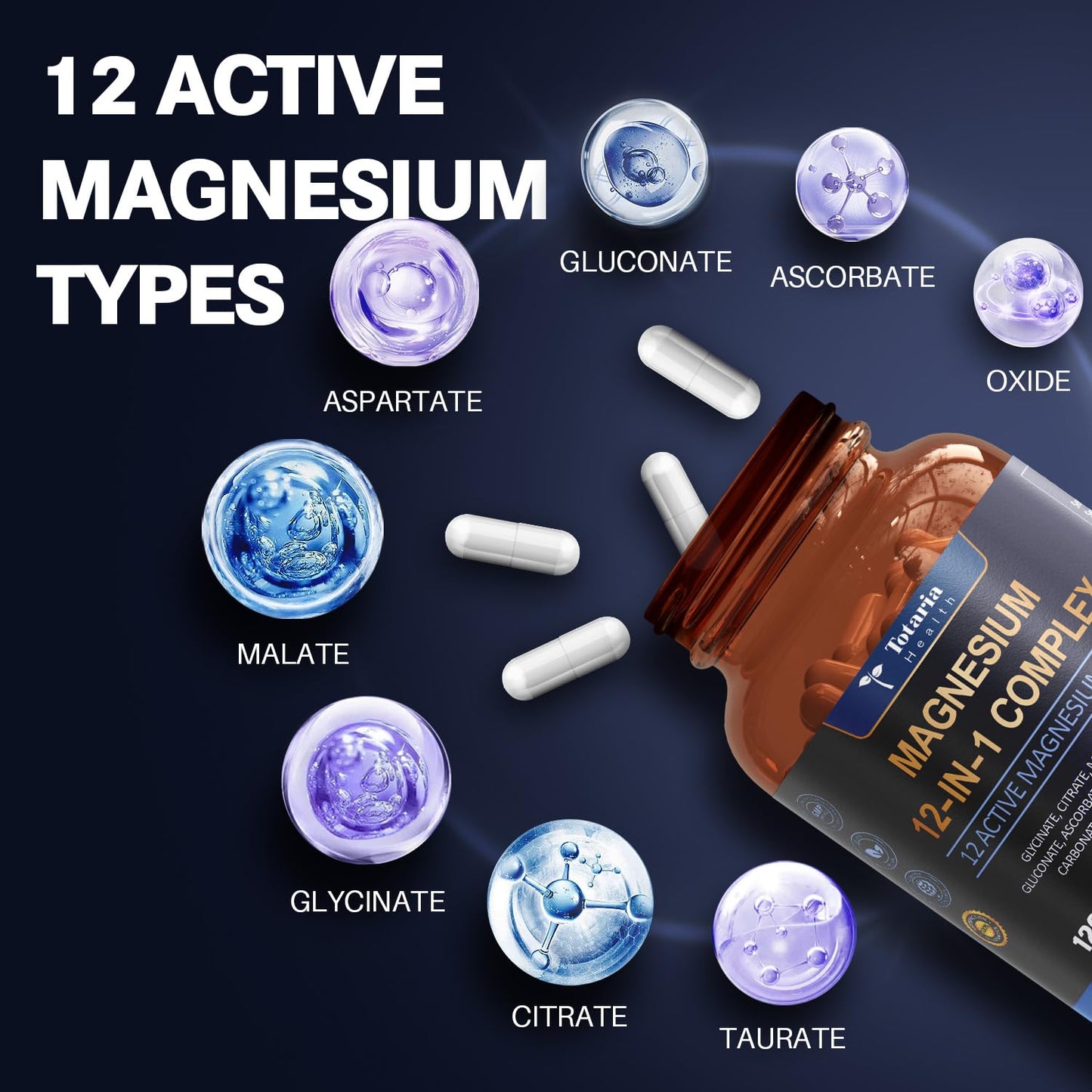 Totaria Magnesium Complex 700mg 12 in 1 Magnesium Supplement with Glycinate Citrate Malate Oxide Taurate Aspartate Orotate Magnesium Relaxation,Muscle,Heart Support, Vegan 120 Capsules