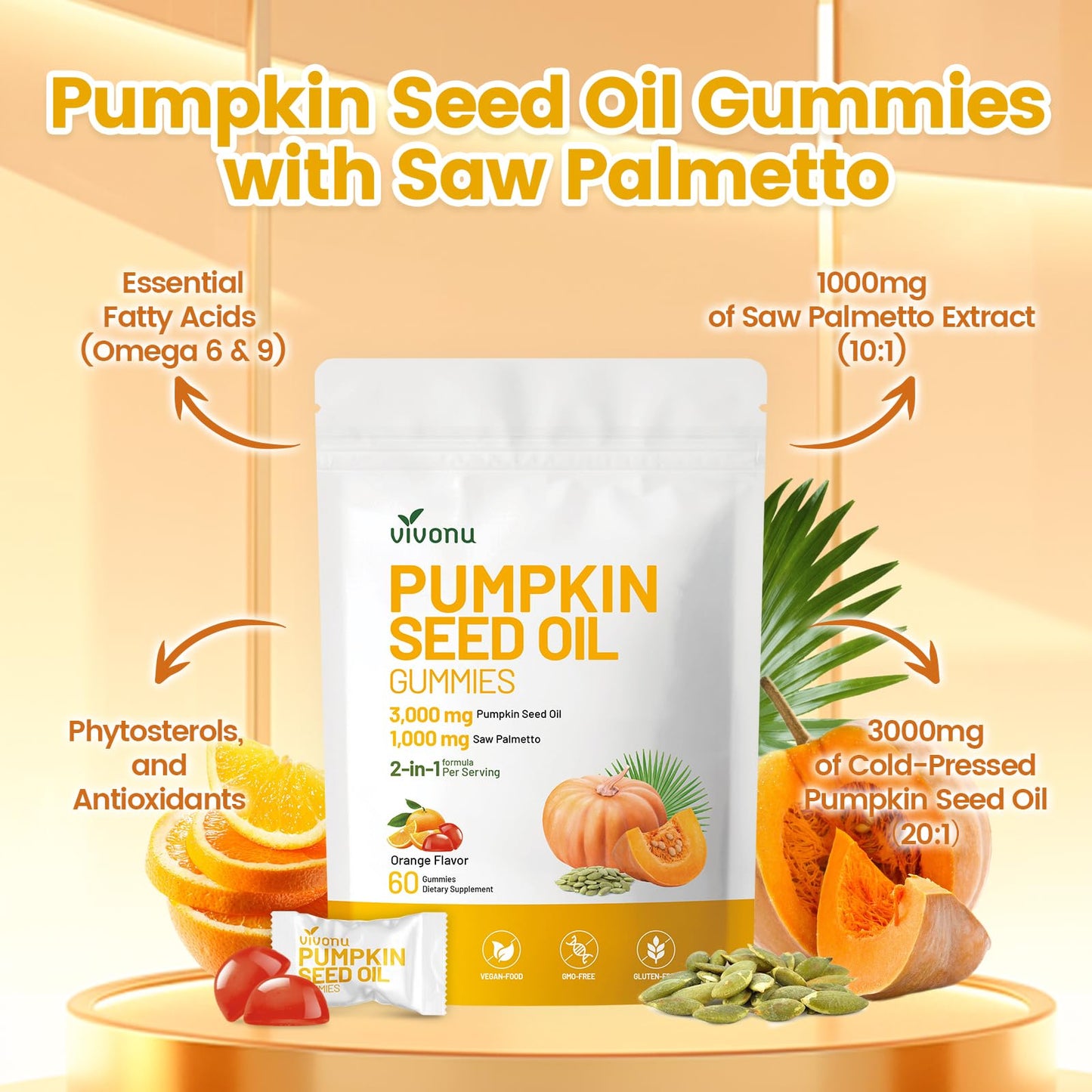 Organic Pumpkin Seed Oil Gummies,Cold Pressed Pumpkin Seed Oil with Saw Palmetto Gummies,for Prostate Health,BPH Support,Hair & Bladder Control - Non-GMO,Sugar-Free