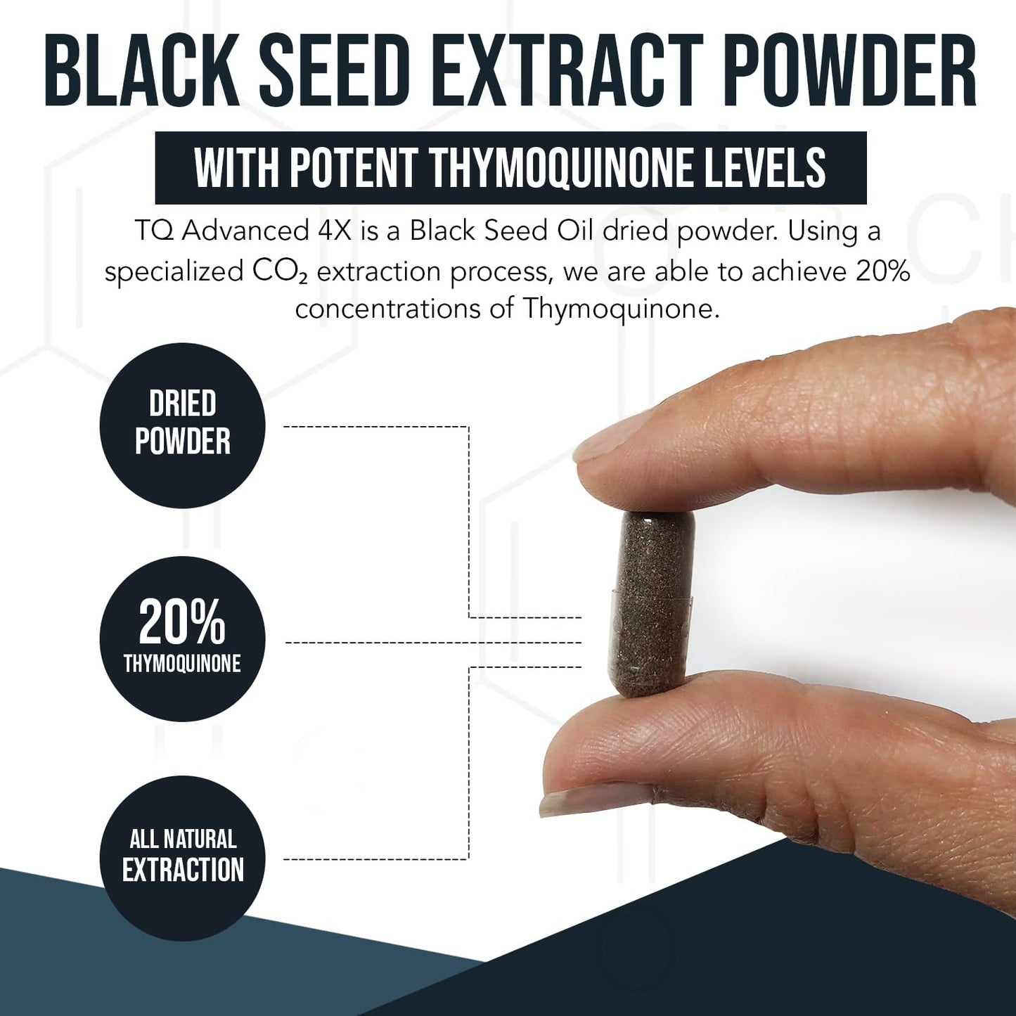 20% Thymoquinone Black Seed Oil Extract Capsules - TQ-Advanced 4X®: Potent Thymoquinone Concentration Available - 60:1 Concentrate from Nigella Sativa, Raw Form, Vegan, Glass Bottle (120 Capsules)