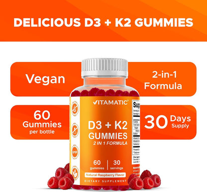 Vitamatic Vitamin D3 + K2 Gummies 60 Count - 2 Pack | D-3 5000 IU + Vitamin K 140mcg for Bone Heart & Immune Support, Pectin-Based, Non-GMO, Gluten-Free