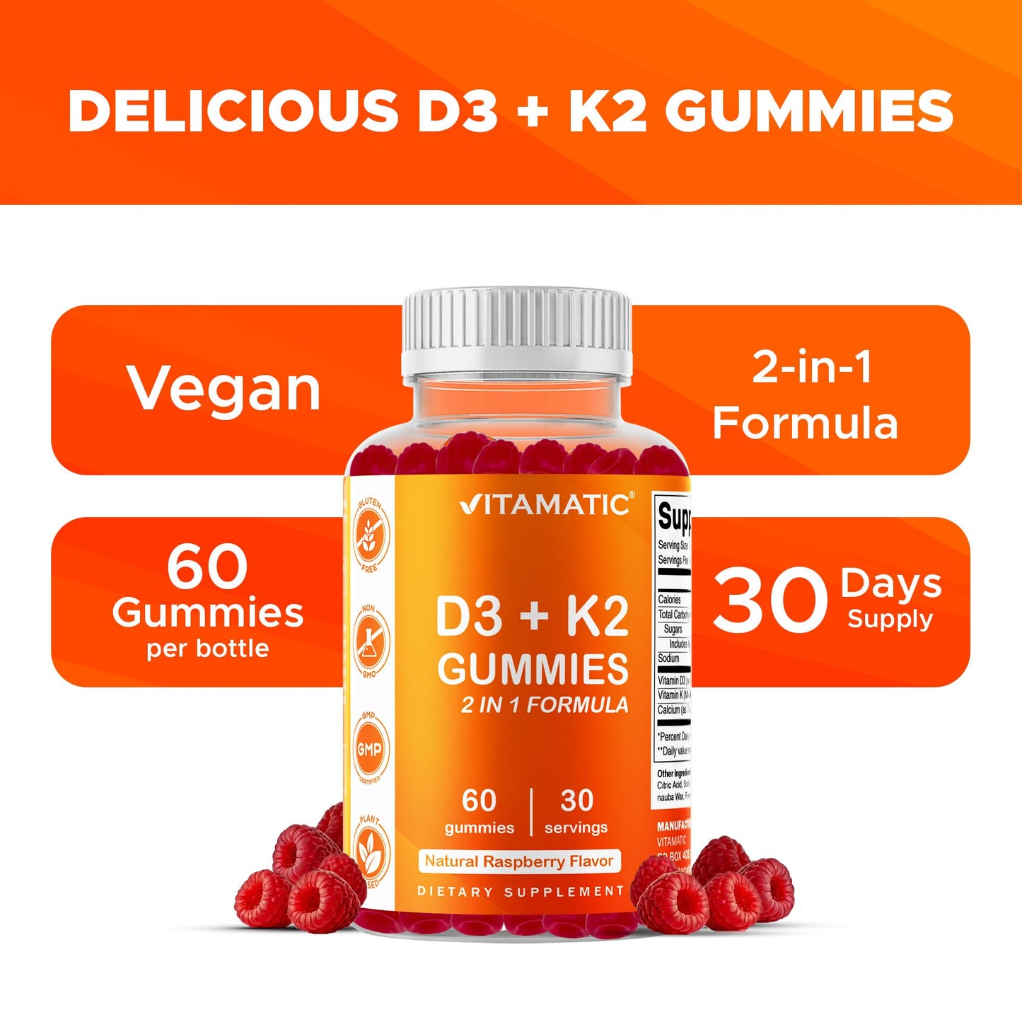 Vitamatic Vitamin D3 + K2 Gummies 60 Count - 2 Pack | D-3 5000 IU + Vitamin K 140mcg for Bone Heart & Immune Support, Pectin-Based, Non-GMO, Gluten-Free