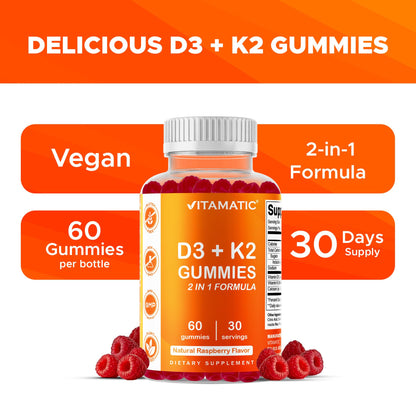Vitamatic Vitamin D3 + K2 Gummies 60 Count - 2 Pack | D-3 5000 IU + Vitamin K 140mcg for Bone Heart & Immune Support, Pectin-Based, Non-GMO, Gluten-Free