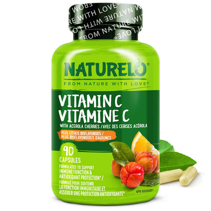 NATURELO Vitamin C with Organic Acerola Cherry Extract and Citrus Bioflavonoids - Vegan Supplement - Immune Support - 500 mg VIT C per Cap - Non-GMO - 90 Capsules