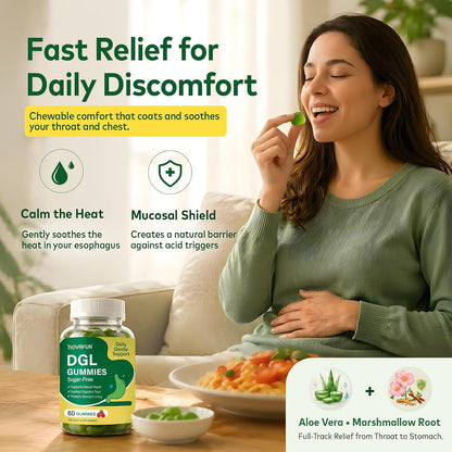 DGL Gummies - Deglycyrrhizinated Licorice Supplement for Stomach Relief & Digestive Comfort - with Aloe Vera & Marshmallow Root - Sugar Free, 60 Chewable Gummies