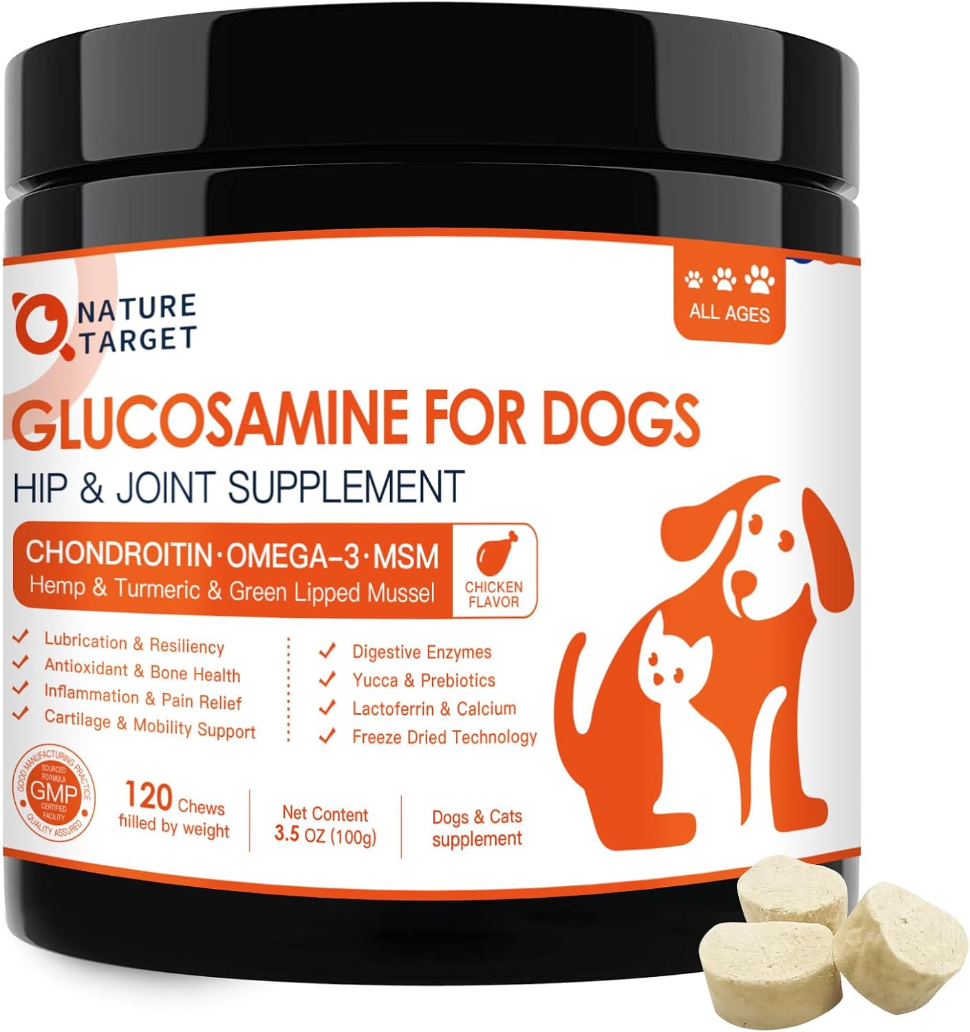 NATURE TARGET Glucosamine for Dogs, Hip and Joint Supplement, 120 Bites | Freeze-Dried Crunchy Chews, Chicken Flavored Mobility Treats, Chondroitin, MSM, Omega-3, Ideal for Senior, Large & Active Dog
