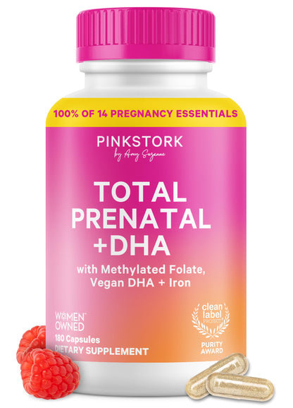 Pink Stork Total Prenatal Vitamins, No Fishy Burps, 60 Capsules, Berry | Clean Label Award, Support Fetal Development, Vegan DHA, Methylfolate, Iron, Choline, Vitamin B12, Pregnancy Essentials,