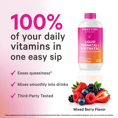 Pink Stork Liquid Prenatal Vitamins for Women – Berry, 32 Servings | Doctor Formulated, Organic Whole-Food Blend, Methylated Folate, Sugar-Free, Fertility to Postpartum, Breastfeeding Friendly