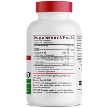 Bronson Antarctic Krill Oil 2000 mg with Omega-3s, 120 Softgels | Heavy Metal Tested, with EPA, DHA, Astaxanthin and Phospholipids, Non-GMO, Gluten Free, Soy Free