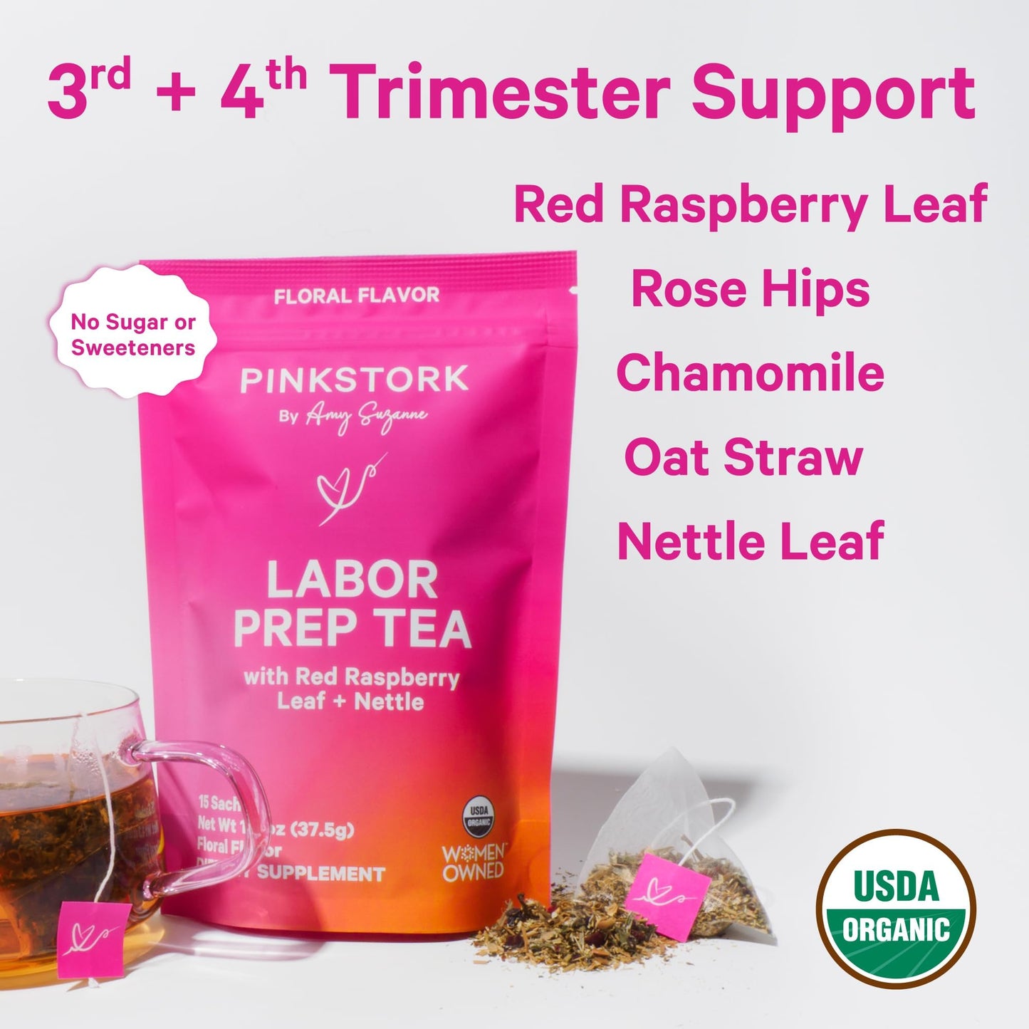 Pink Stork Organic Labor Prep Tea, Sweet Floral Flavor, 30 Cups | Red Raspberry Leadf, Chamomile + Rosehip, Caffeine-Free, Third Trimester Pregnancy, 15 Sachets