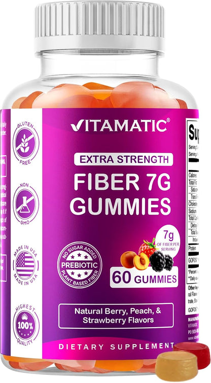 Vitamatic Prebiotic Fiber Gummies for Adults – 7g Fiber per Serving – 60 Pectin-Based Gummies Extra Strength, Zero Sugar Added – Supports Digestive Health & Regularity – Non-GMO, Vegan, Gluten-Free