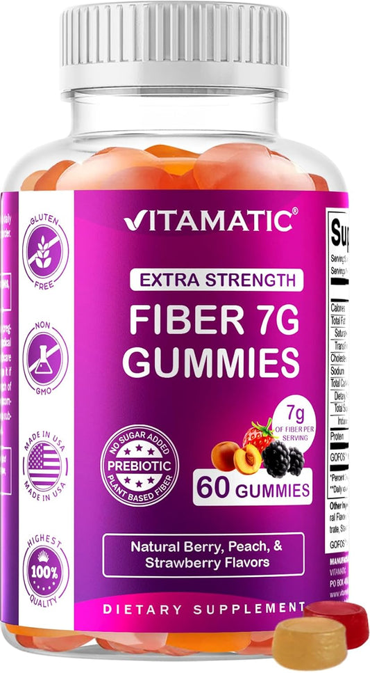 Vitamatic Prebiotic Fiber Gummies for Adults – 7g Fiber per Serving – 60 Pectin-Based Gummies Extra Strength, Zero Sugar Added – Supports Digestive Health & Regularity – Non-GMO, Vegan, Gluten-Free