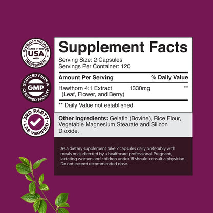 High Strength Hawthorn Berry Capsules - Pure Antioxidant Hawthorn Berry Supplement with Leaf & Flower Extract 4:1 for Healthy Heart & Digestion - Energy Support for Men & Women - 120 Count Pack