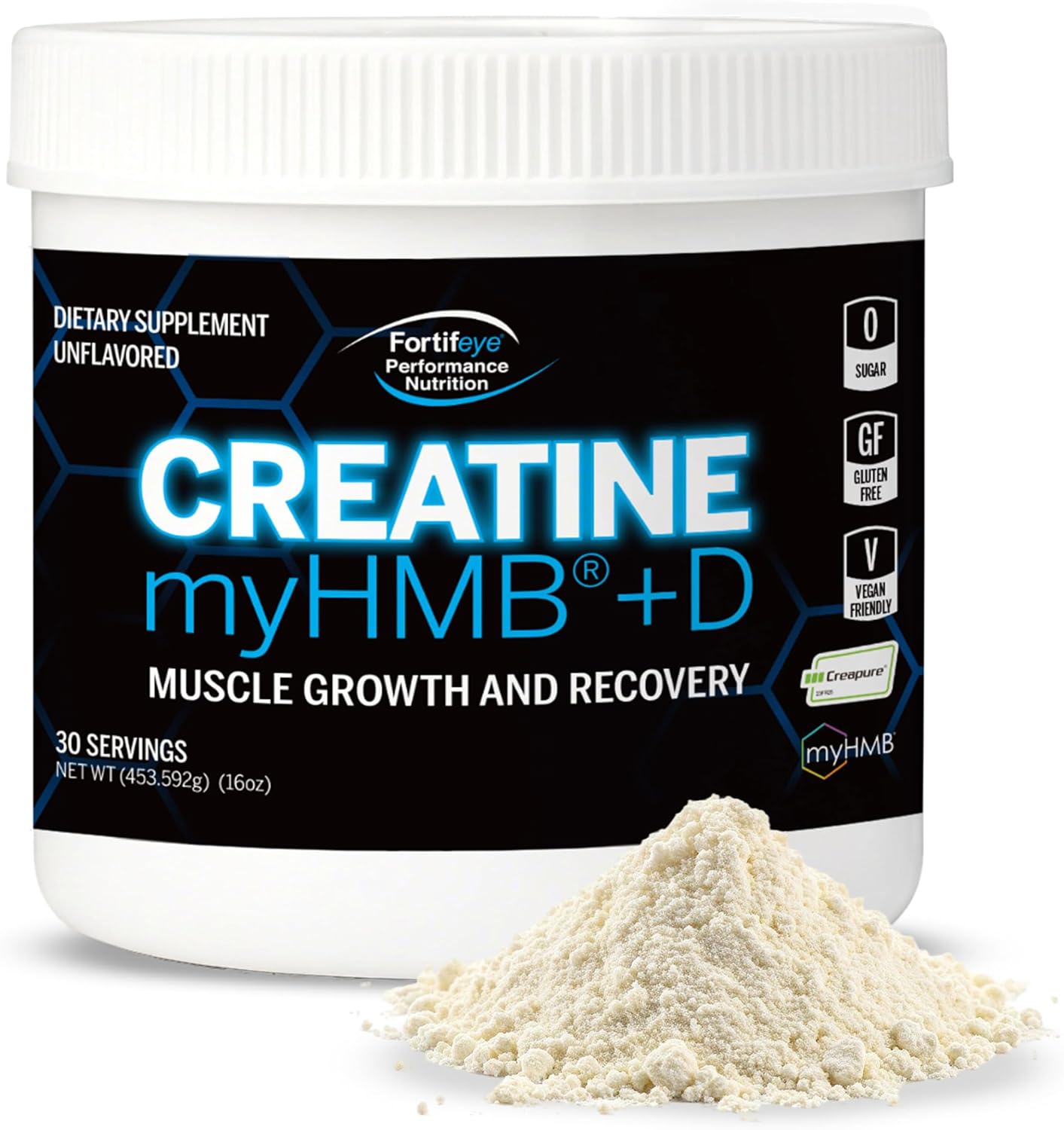 Fortifeye Creatine Monohydrate Powder 30 Servings, Creapure Supplement with myHMB 3000mg and Vitamin D 12.5mcg, 5g Pure Formula for Daily Strength Training, Muscle Support and Performance for Adults