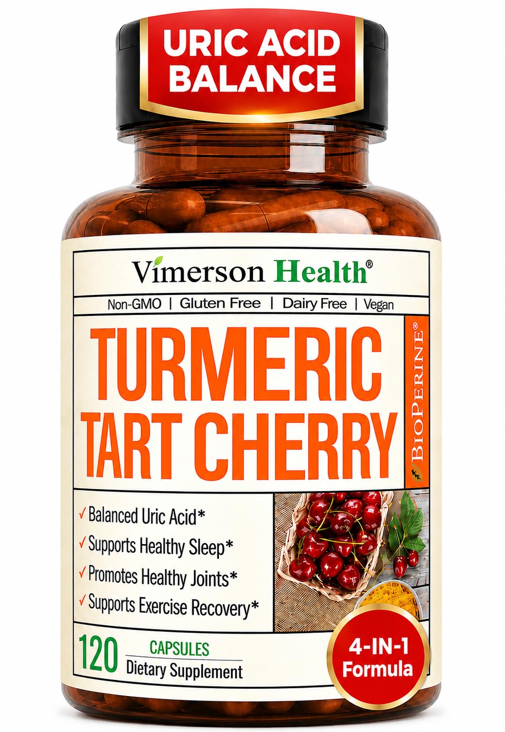 Tart Cherry Capsules with Turmeric 600mg for Uric Acid & Joint Health 60 Ct