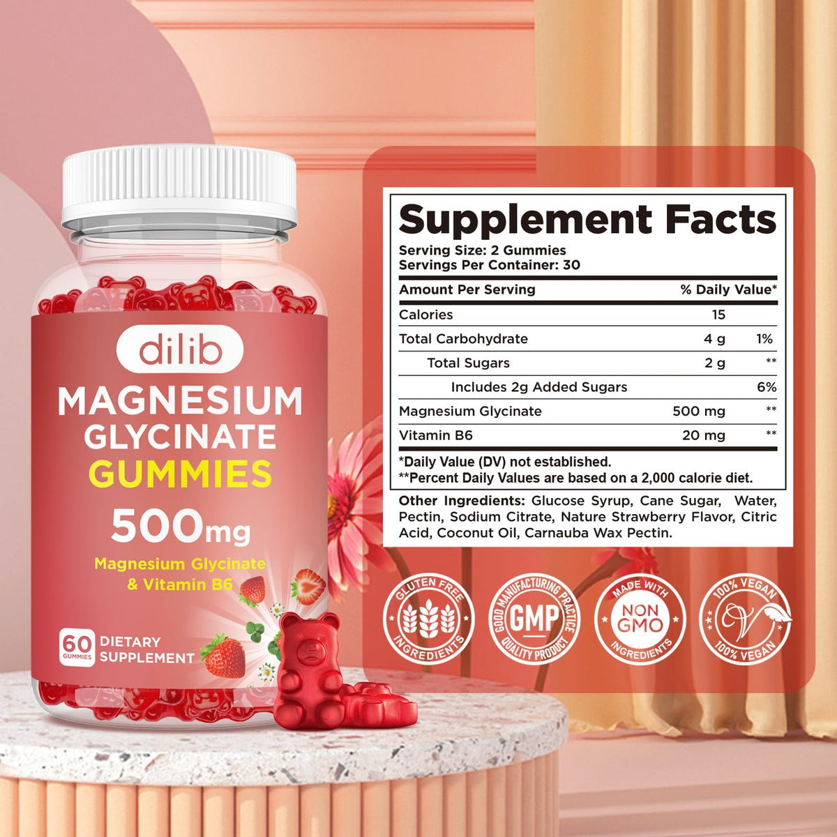 Magnesium Glycinate Gummies 500mg - Magnesium Supplement with Vitamin B6 for Adults & Magnesium for Kids - Calm Magnesium for Sleep, Mood, Muscle Support - Strawberry Flavor, 60 Gummies