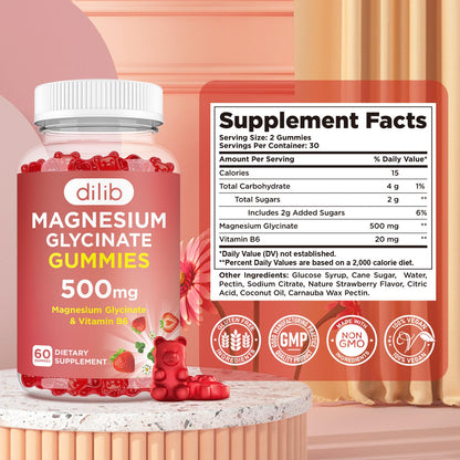 Magnesium Glycinate Gummies 500mg - Magnesium Supplement with Vitamin B6 for Adults & Magnesium for Kids - Calm Magnesium for Sleep, Mood, Muscle Support - Strawberry Flavor, 60 Gummies