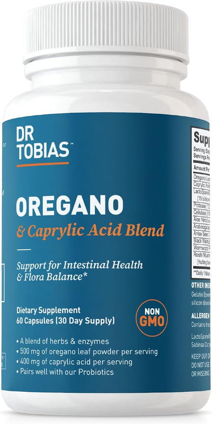 Dr. Tobias Oregano & Caprylic Acid Blend 60 Capsules | Oregano Capsules | Gut Flora Balance Complex & Intestinal Support | Oregano + Caprylic Acid | Probiotics + Enzymes | 30 Servings
