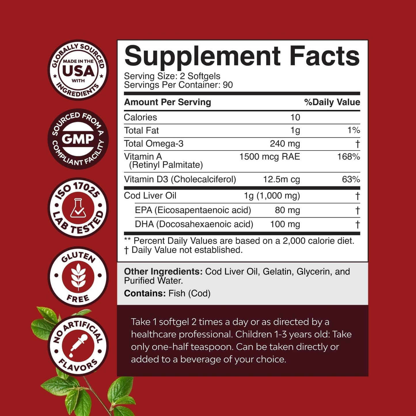 Icelandic Wild Caught Cod Liver Oil Softgels - Fish Omega 3, EPA, DHA, Vitamin D & A, 1000mg Per Serving - Burpless Capsules for Heart, Joint, Brain & Immune Support - 100 Count